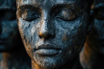 Poster - A detailed image of a woman's face sculpture, ideal for use in editorial or commercial contexts where a unique perspective is required