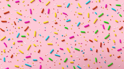 Trendy colorful sprinkles pattern on a pink background, ideal for birthday design elements..