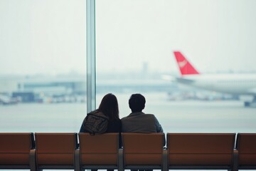 Poster - A couple sits on a bench, watching an airplane take off from the window