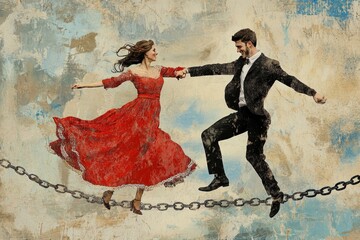 Poster - A pair of people bound together by a chain, conveying a sense of connection or captivity