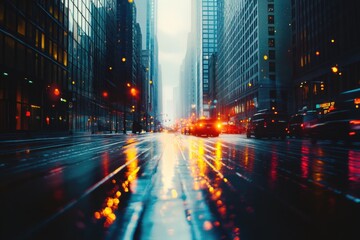 Poster - A city street at night with moving cars and tall buildings in the background