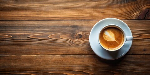 Poster - A single cup of coffee with latte art sits on a wooden table