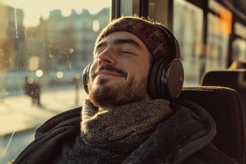 Poster - A person sitting on a bus, listening to music with headphones