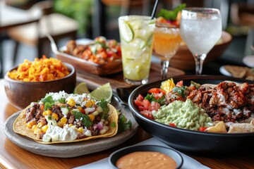 Wall Mural - A wooden table set with various dishes and plates of food, perfect for a casual dinner or gathering