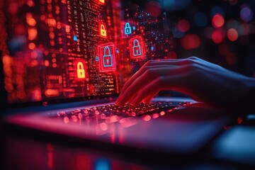 Poster - A person typing on their laptop with red and blue padlock icons floating above the keyboard, symbolizing digital security. 