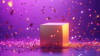 Poster - A colorful scene with a gold cube surrounded by confetti on a purple background