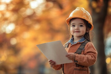 Poster - A young girl wearing a hard hat and safety gear holds a blueprint, possibly for a construction or engineering project