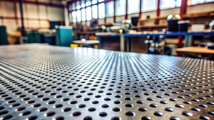 Poster - A close-up perspective of a perforated metal surface, showcasing a repetitive pattern of circular holes, creating a textured and industrial aesthetic.