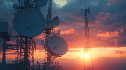 Poster - Sunset scene with radio towers in background, suitable for use in urban or technology-related contexts