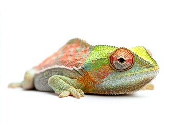Poster - A close-up of a chameleon sitting on a white background, highlighting its unique features