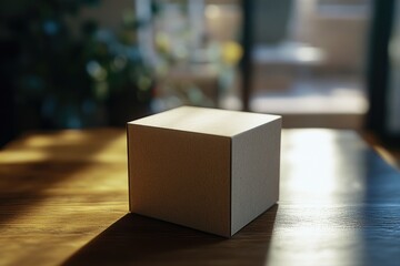 Poster - A minimalist setup featuring a white box sitting on top of a wooden table, ideal for commercial or editorial use