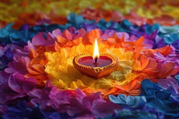 Poster - A candle lights up a vibrant flower arrangement