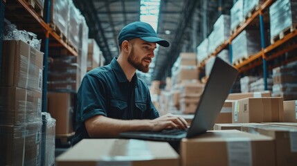 Poster - A person using a laptop in an industrial setting, possibly for business or work purposes