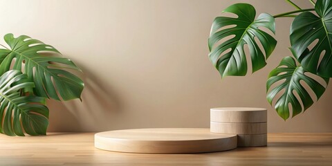 Aufkleber - A Minimalist Wooden Platform Displayed Against a Neutral Background with Lush Green Tropical Foliage