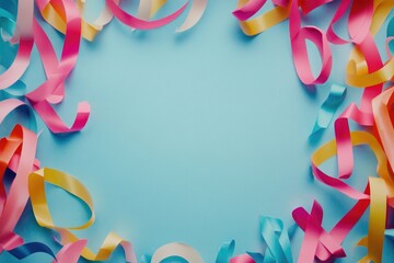 Poster - A vibrant and playful design featuring numerous colorful ribbons against a bright blue background, perfect for adding a pop of color to any project