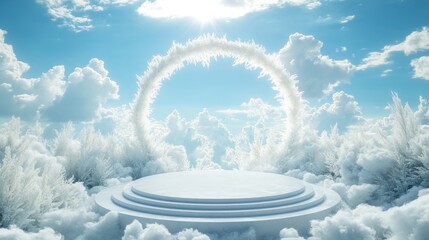 Poster - A white platform situated amidst a field of fluffy clouds, ideal for photography or as a background