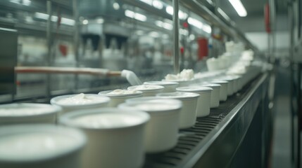 Aufkleber - Yogurt bowls on a conveyor belt, ready for packaging