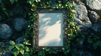 An ornate picture frame is nestled in a lush green ivy and stone wall.  The blank canvas inside the frame is perfect for your design.