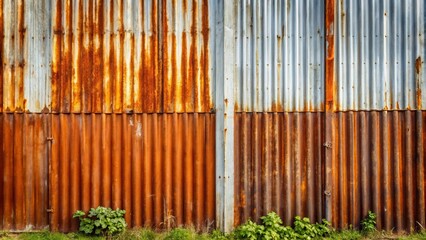 Poster - A weathered corrugated metal wall with rust streaks and a single vertical panel, juxtaposing the passage of time and the resilience of metal.