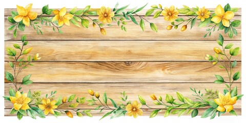 Fototapete - Watercolor painted floral border surrounding a wooden plank background