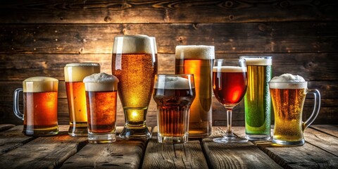 Poster - Assortment of Beer and Ale Glasses Arranged on Rustic Wooden Plank Background