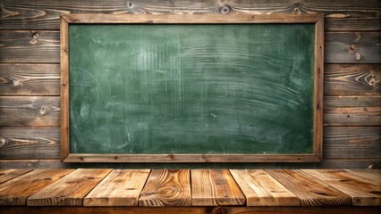 Aufkleber - Rustic wooden table with a green chalkboard backdrop, perfect for showcasing products or displaying messages.