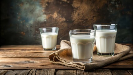 Three glasses of milk on a rustic wooden table with a burlap napkin