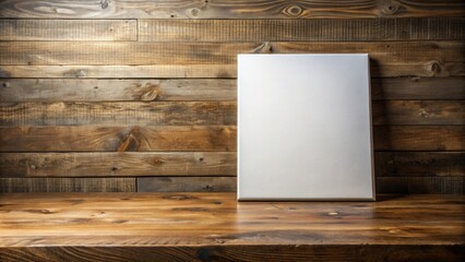 Poster - White Canvas Mockup on Rustic Wooden Surface with Empty Space for Text or Design
