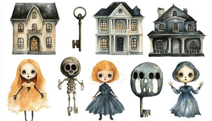 Watercolor Illustration of Spooky Houses, Skeletons, and Dolls