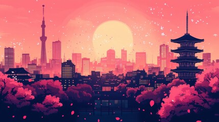 Flat Illustration of Tokyo with Skyscrapers, Temples, and Vibrant Street Life

