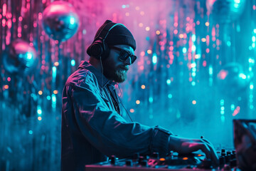 DJ man in headphones on blue background