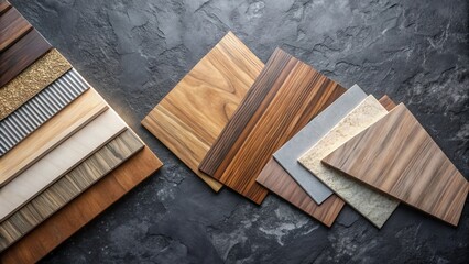 Poster - A variety of wood and stone samples arranged on a dark grey textured background, showcasing different wood grains, patterns and textures.