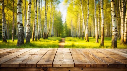 Aufkleber - Empty Wooden Tabletop Against A Blurred Background Of A Birch Forest In Summer