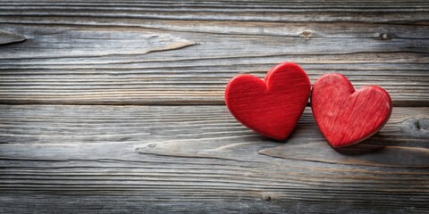 Poster - Two Red Wooden Hearts Resting on a Weathered Wooden Surface