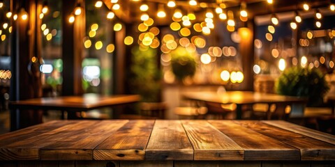 Poster - A close-up of a wooden tabletop with blurred background of string lights illuminating a cozy cafe setting