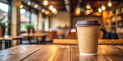Poster - A single cup of coffee on a wooden table in a cafe with a blurry background.
