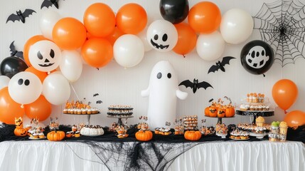 Celebrate Halloween with a whimsical party setup featuring colorful balloons, fun decorations, and a delightful array of treats that create a festive atmosphere.