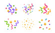 © Sensvector - Party confetti for celebration of holiday. Vector isolated 3d icon, flying colorful stripes, airballs and balloons, stars and accessories for holiday, festival or carnival. Popper for anniversary