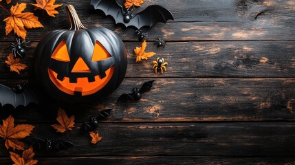 Wall Mural - halloween decorations and greetings on a spooky mask with a jack o lantern design bats and spiders o