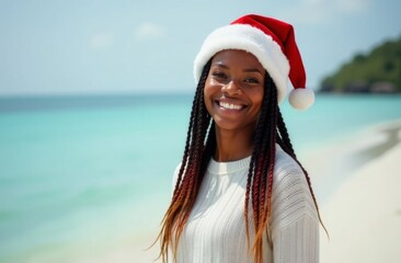 Horizontal photo of a young African woman with long braids wearing a Santa hat, smiling while standing on a tropical beach. The ocean and trees are visible in the background. Concept: holiday portrait