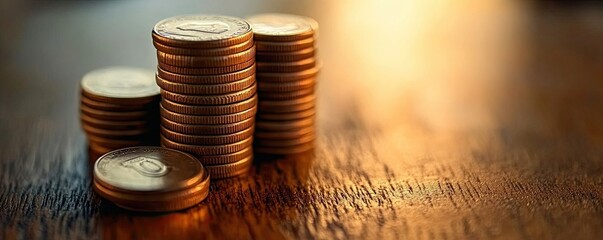 Stack of coins on a table. Money and business concept. 
Background, banner, wallpaper.