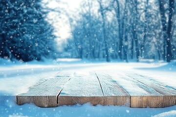 Winter snowy background with wooden podium for product display. Backdrop, banner