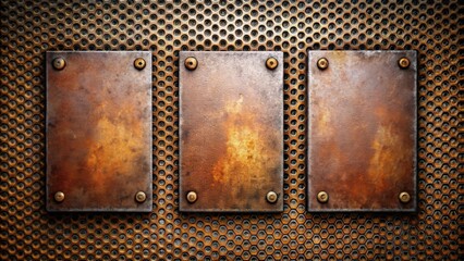 Poster - three rusty metal plates on a hexagonal pattern background