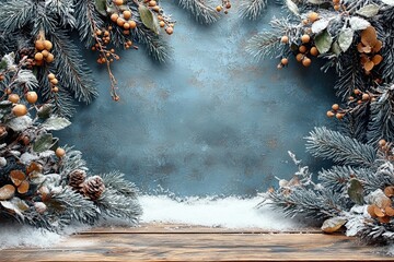 Winter snowy background with wooden podium for product display. Backdrop, banner