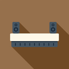 Poster - soundbar standing on shelf with two surround sound speakers icon in flat style on a brown background
