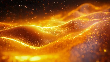 Poster - Shimmering golden particles flow across a dark landscape, forming waves of sparkling energy
