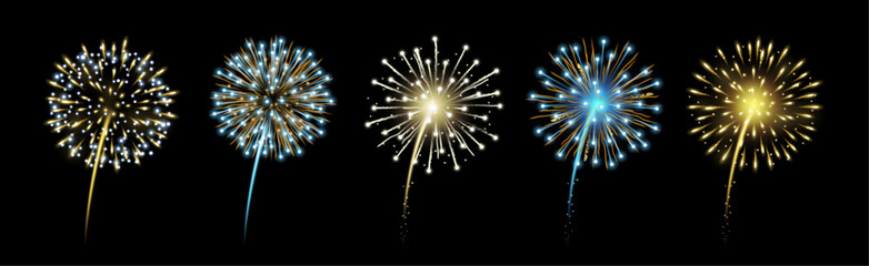 Poster - Realistic fireworks in night sky, festivals, new year or independence day celebration objects. Vector carnival flashes, firecrackers burst on black background. Pyrotechnics sparks