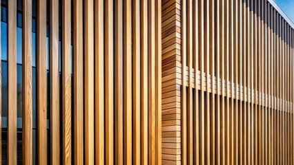Fototapete - Modern Architectural Facade with Vertical Wood Slats and Geometric Patterns