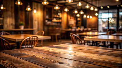 Poster - Rustic wooden table in a dimly lit restaurant with a blurred background of other tables and chairs