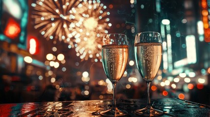 two champagne glasses with fireworks and bokeh lights in the city